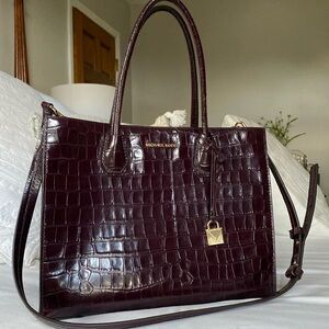 Michael Kors Croc Embossed Leather Handbag in Burgundy